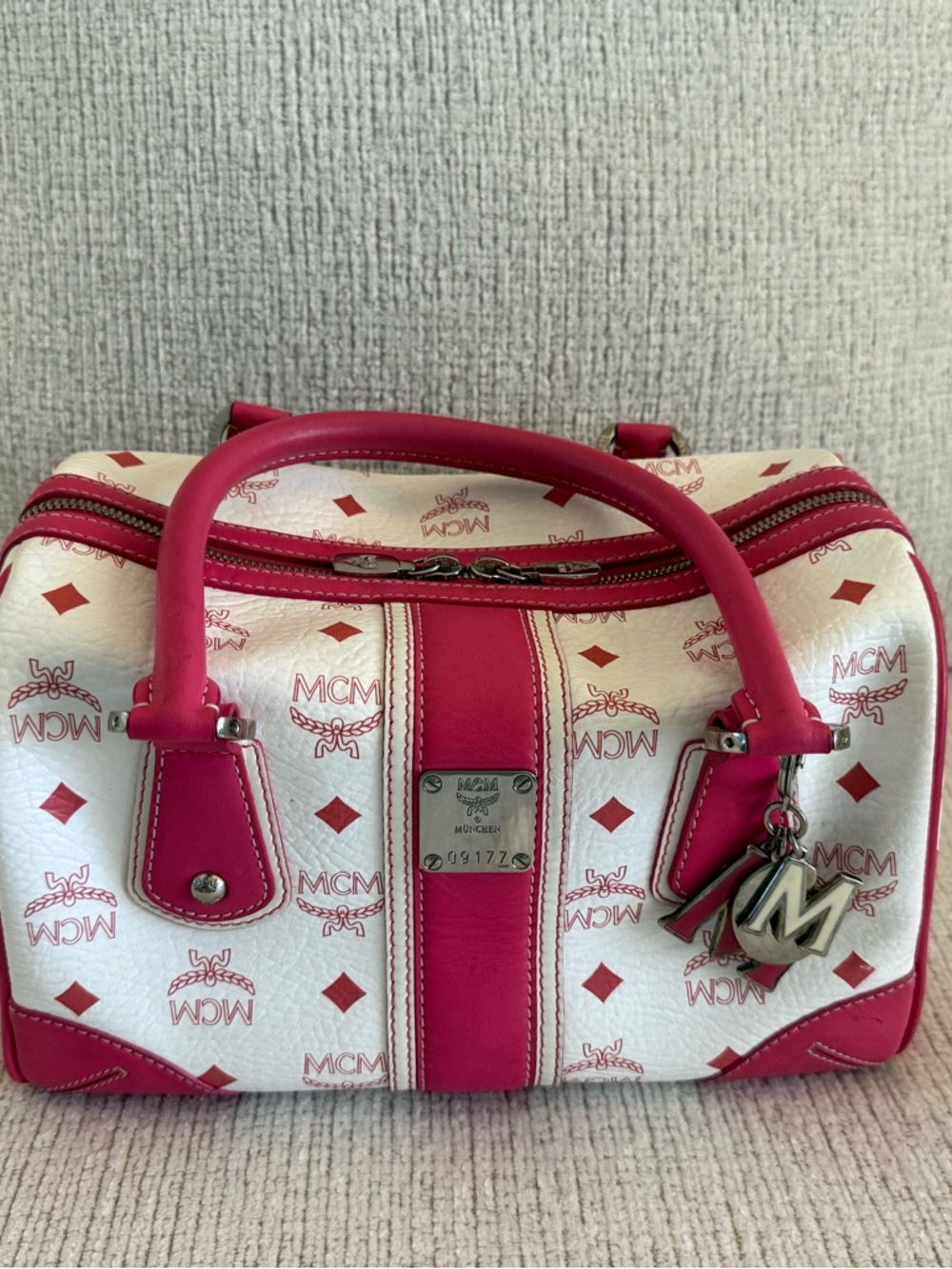 MCM White and Hot Pink Logo Dome Satchel